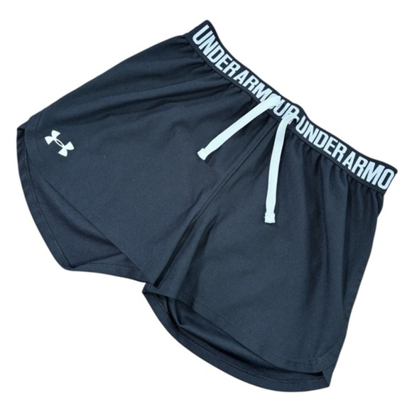 Under Armour Loose Drawstring Black Shorts + White Logo Waist Band Detail, YL - Picture 1 of 8